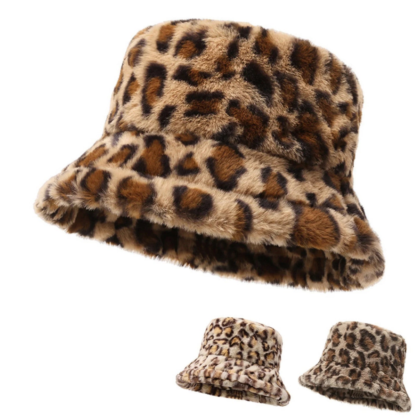 Leopard Faux Fur Winter Bucket Hat for Women