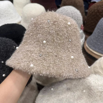 Pearl Rhinestone Plush Winter Bucket Hat for Women