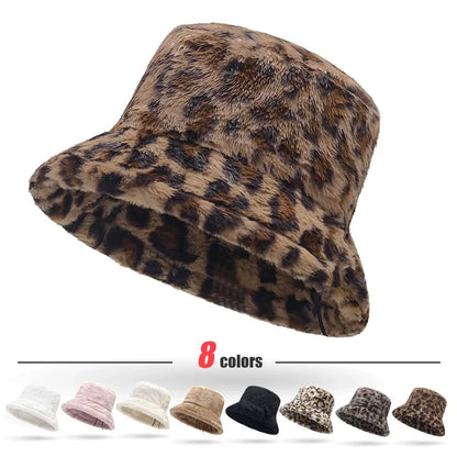Leopard Print Plush Winter Bucket Hat