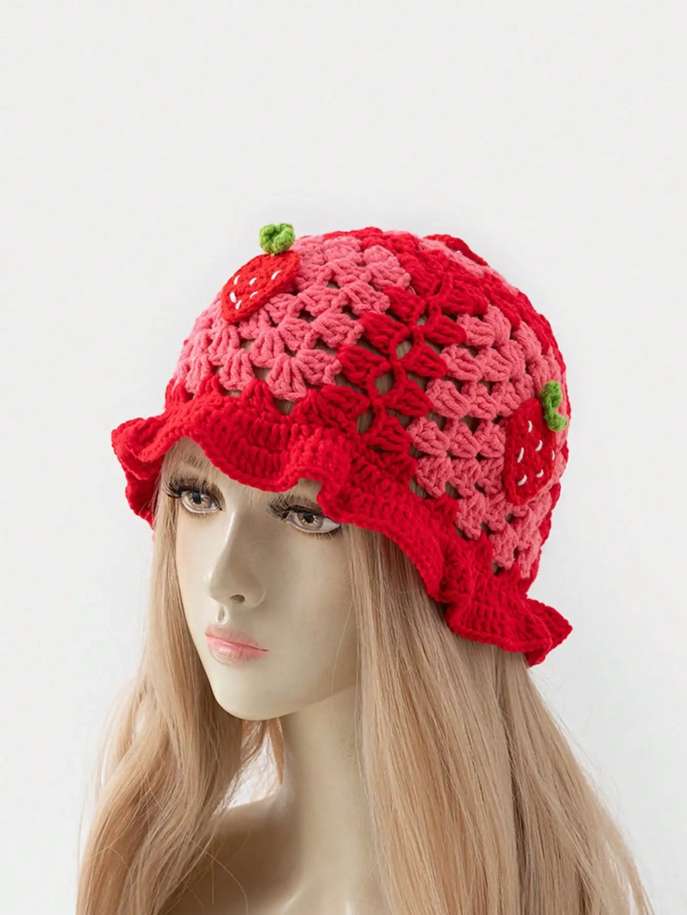 Cartoon Strawberry Crochet Ruffled Bucket Hat
