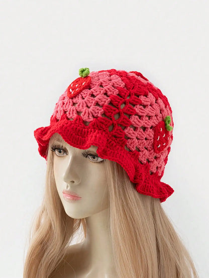 Cartoon Strawberry Crochet Ruffled Bucket Hat