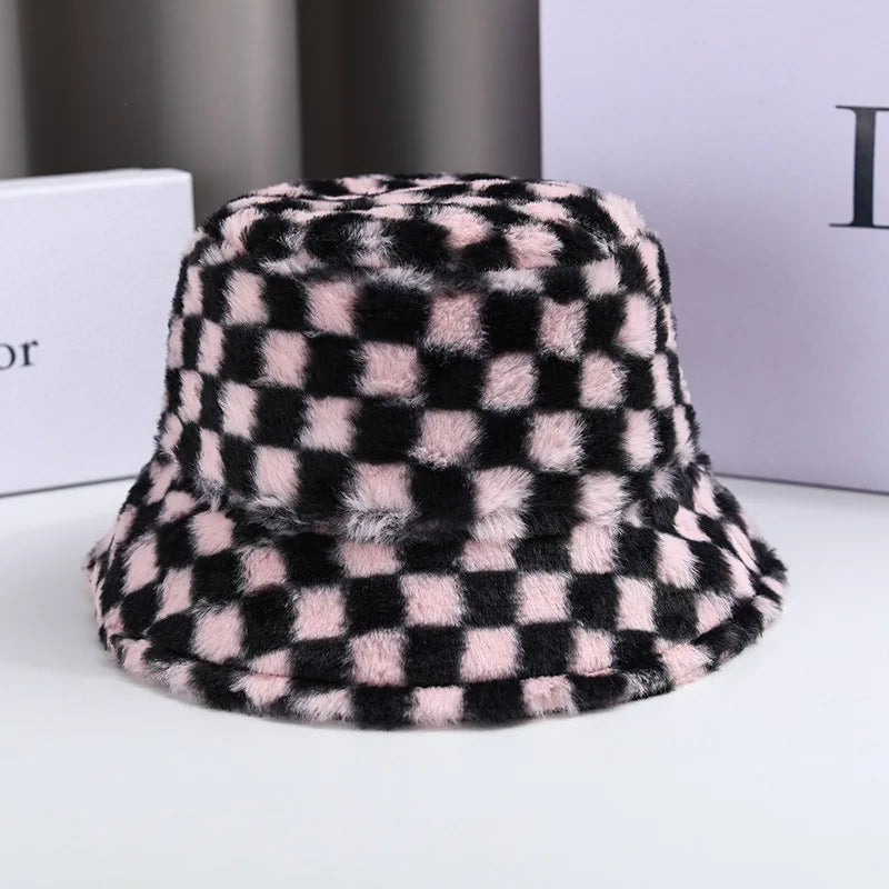 Women's Checkerboard Plush Bucket Hat