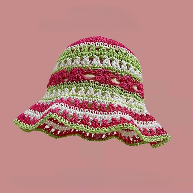Seaside Colorful Striped Hollow Straw Bucket Hat