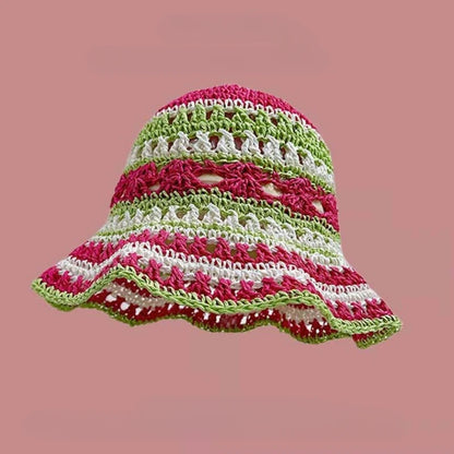 Seaside Colorful Striped Hollow Straw Bucket Hat