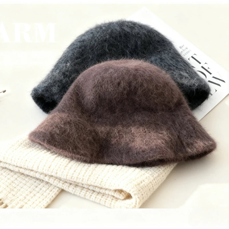 Korean Angora Rabbit Fur Winter Bucket Hat
