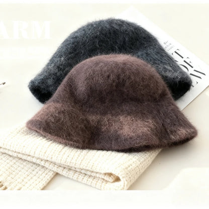 Korean Angora Rabbit Fur Winter Bucket Hat