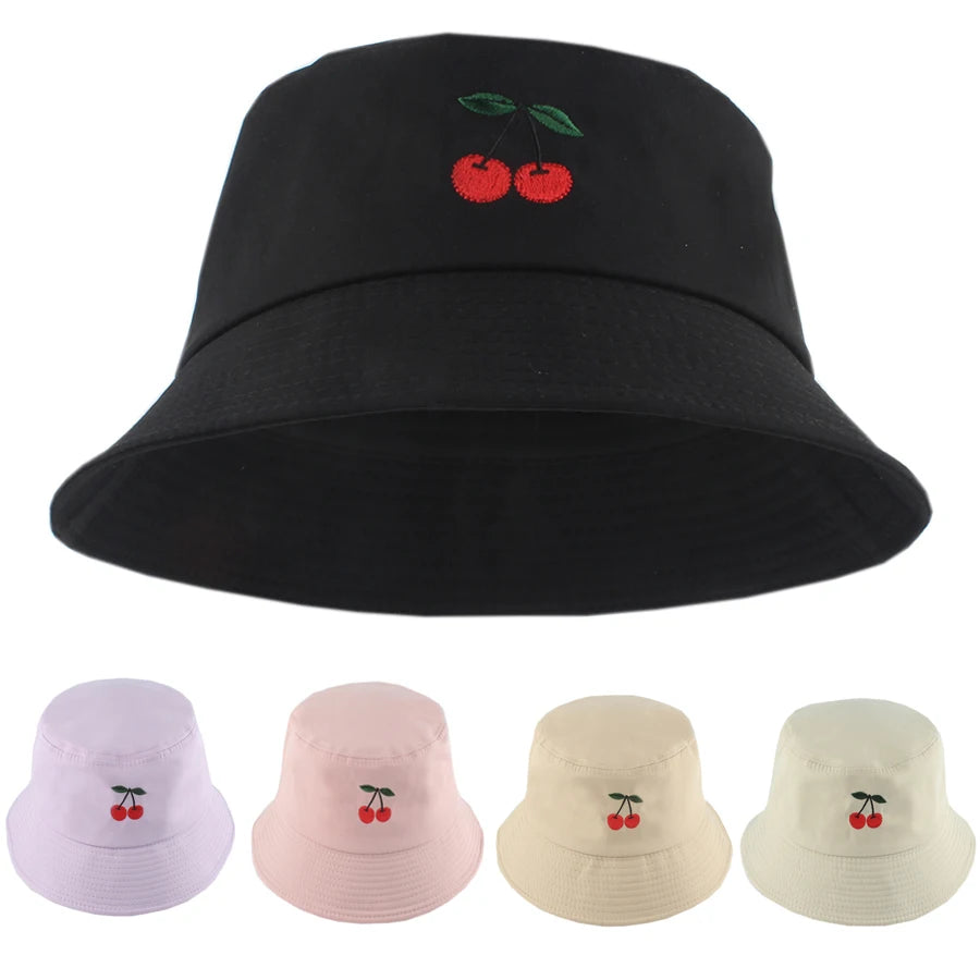 Cherry Embroidered Cartoon Summer Bucket Hat