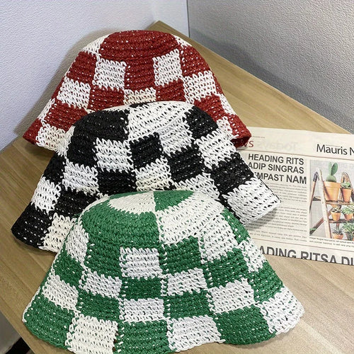Korean Checkerboard Woven Straw Bucket Hat