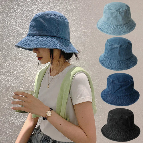 Retro Washed Denim Wide Brim Bucket Hat