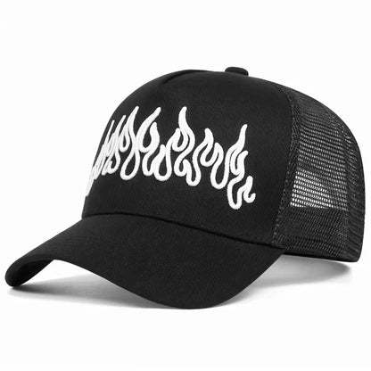 Flame Embroidered Mesh Hip Hop Baseball Hat