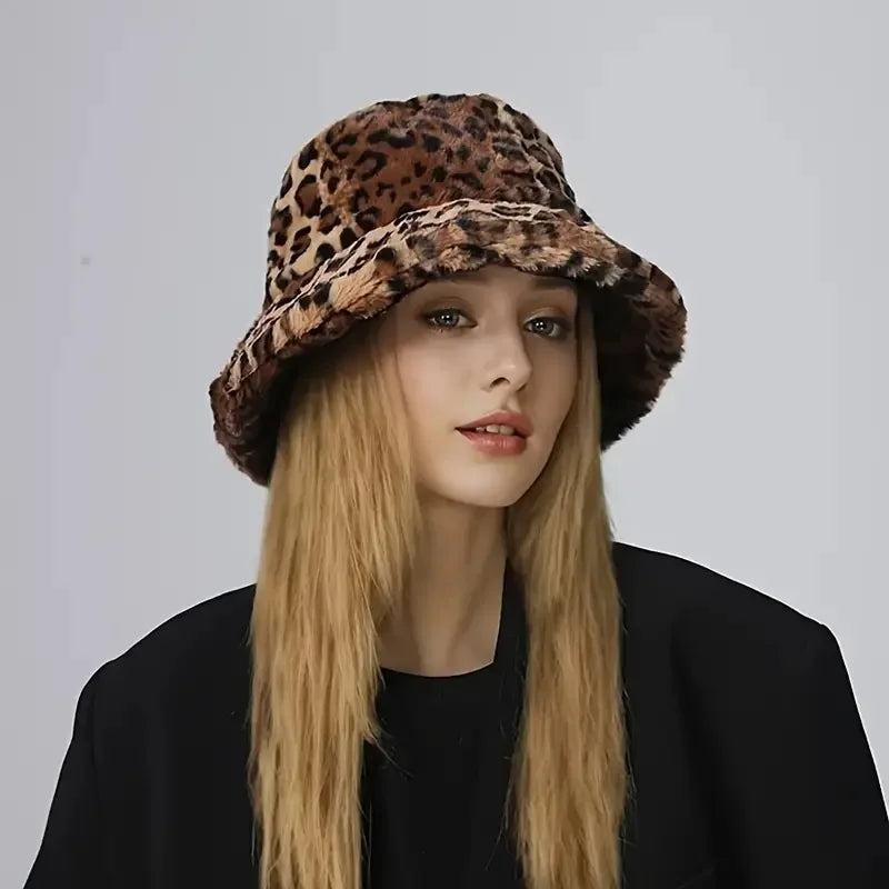 Women's Leopard Print Plush Bucket Hat