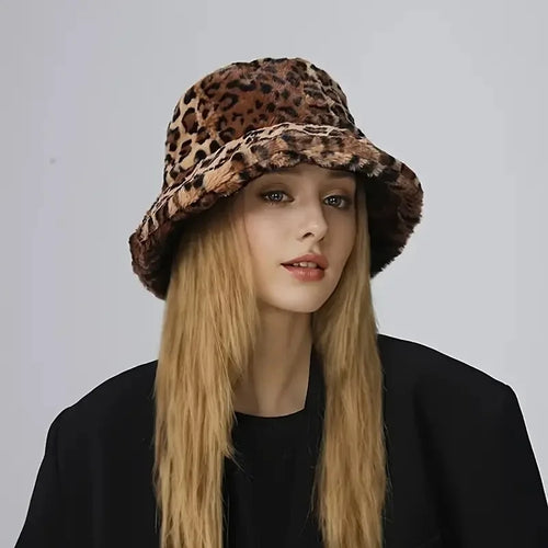 Women's Leopard Print Plush Bucket Hat