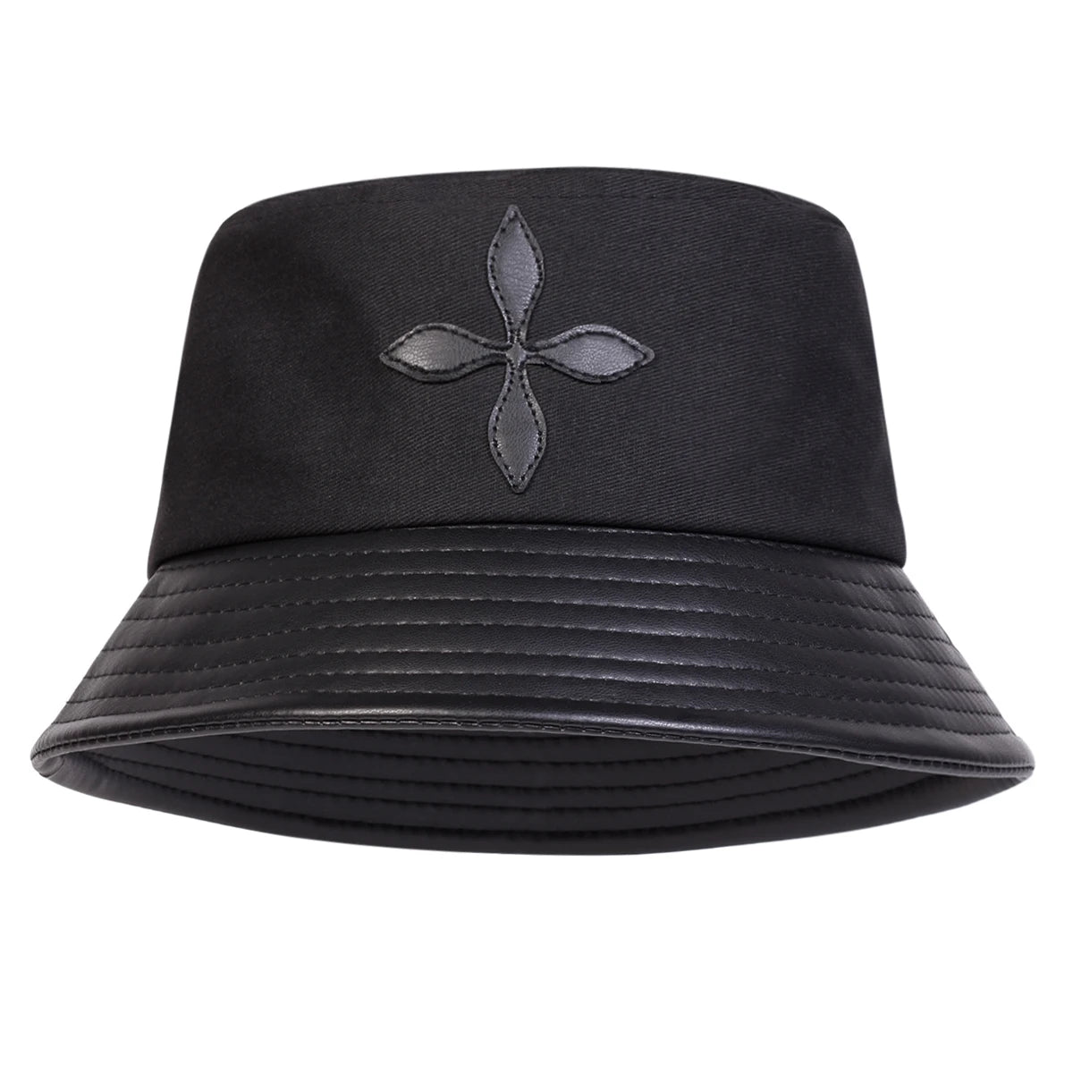 Unisex Cross Flower Label Personality Pu Leather Splice Bucket Hats
