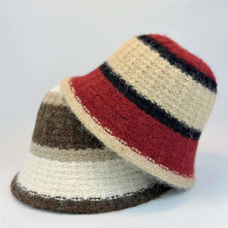 Wide-Striped Knitted Winter Bucket Hat