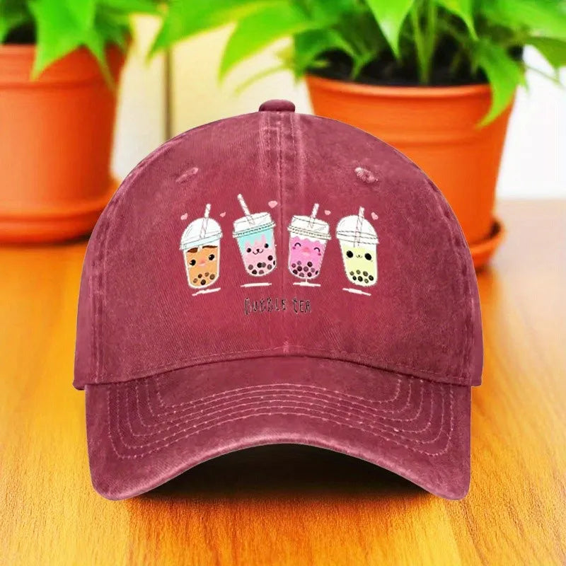 Cute Milk Tea Print Denim Baseball Cap
