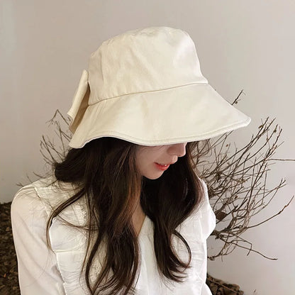 Women Big Bowknot Wide Brim Panama Bucket Hat