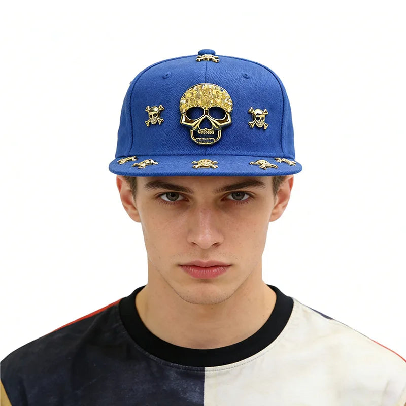 Unisex Skeleton Label Studded Wide Brim Snapback Cap