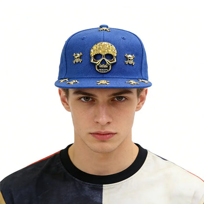 Unisex Skeleton Label Studded Wide Brim Snapback Cap