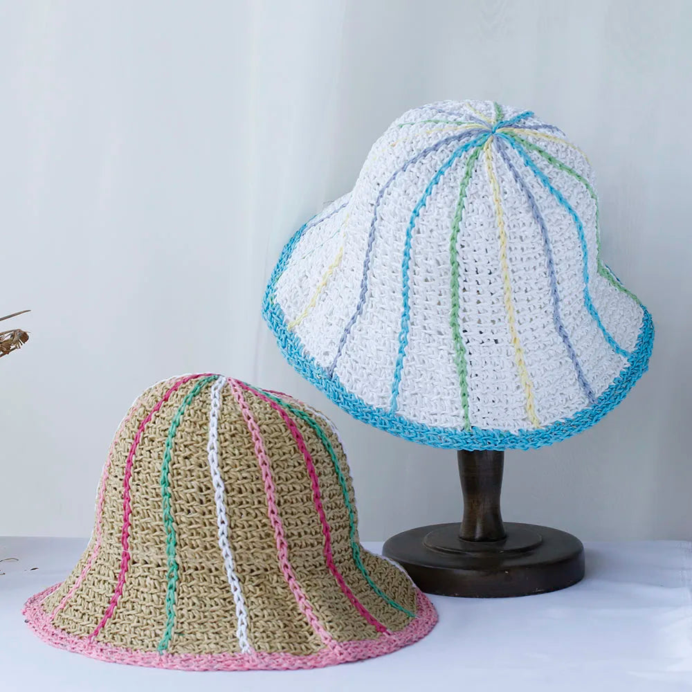 Rainbow Crochet Straw UV Visor Bucket Hat