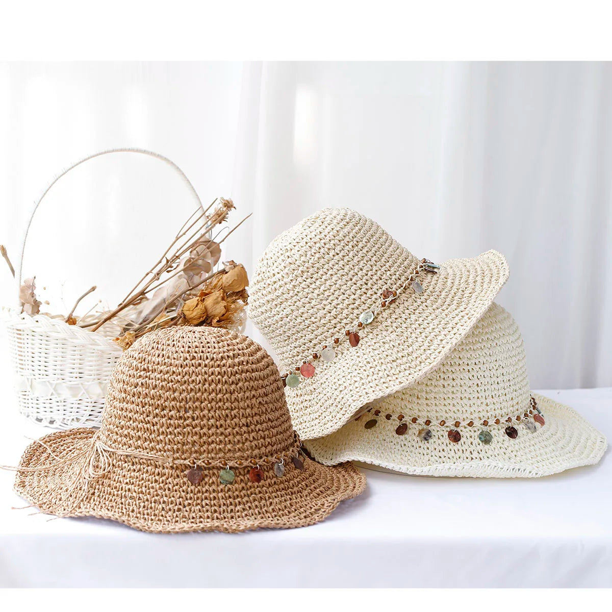 Multicolor Crochet Foldable Straw Bucket Hat