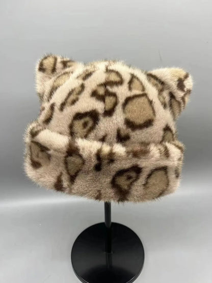 Korean Leopard Plush Fur Bucket Hat