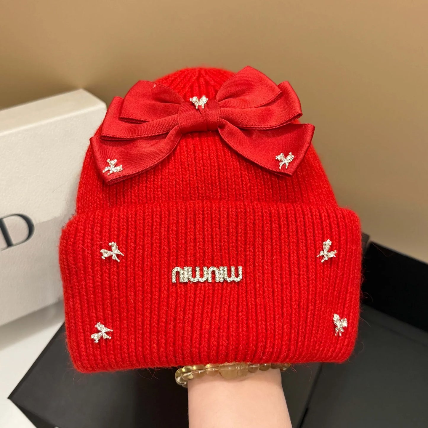 Luxury Rabbit Fur Knit Winter Beanie with Bow