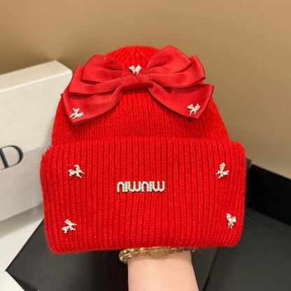 Luxury Rabbit Fur Knit Winter Beanie with Bow