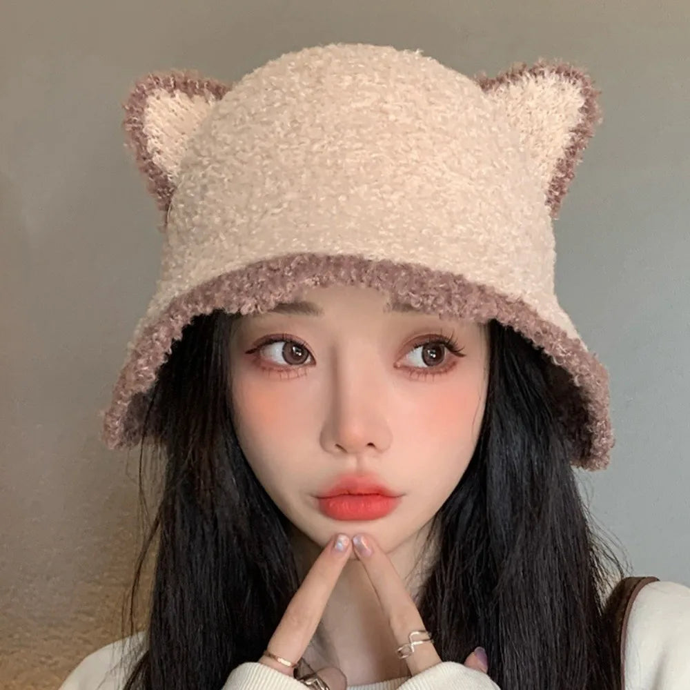Plush Knit Cat Ears Bucket Hat