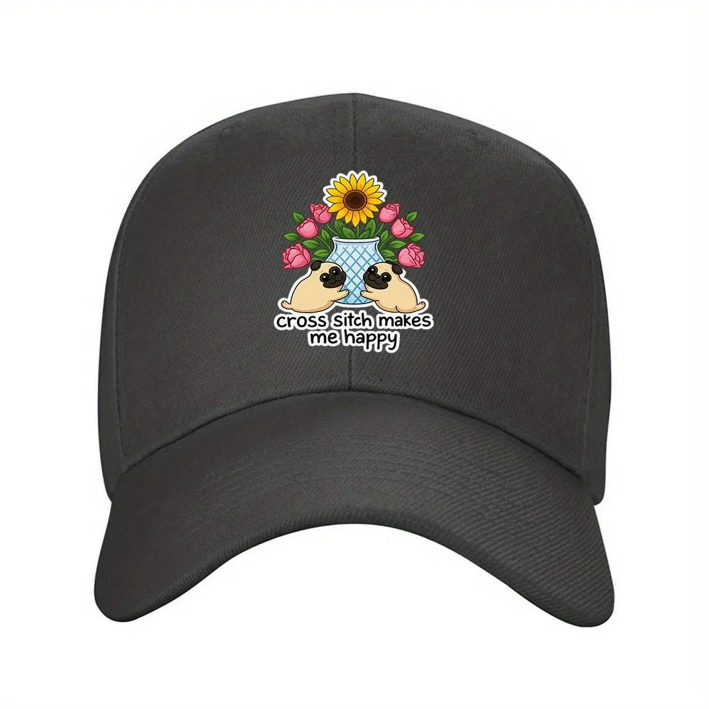 Cross Stitch Makes Me Happy Pug Sunflower Floral Baseball Cap