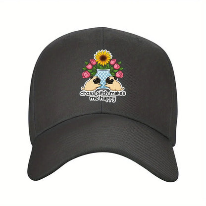 Cross Stitch Makes Me Happy Pug Sunflower Floral Baseball Cap