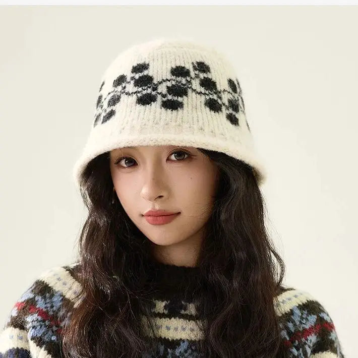 Jacquard Knit Winter Face Cover Bucket Hat