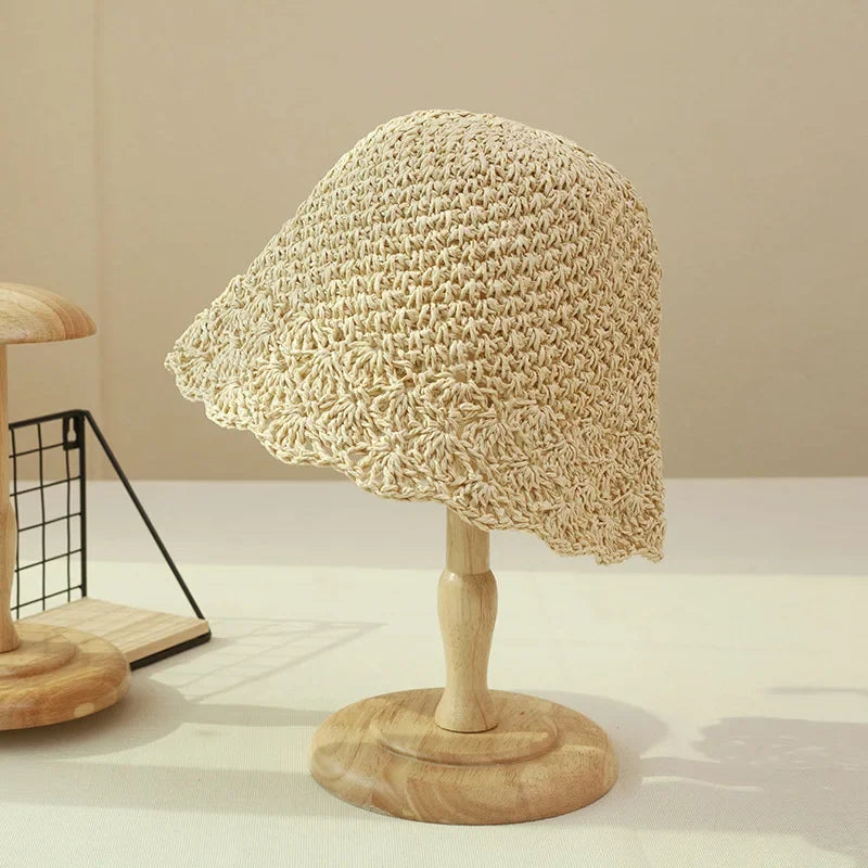 Women Retro Handmade Straw Travel Beach Bucket Hat