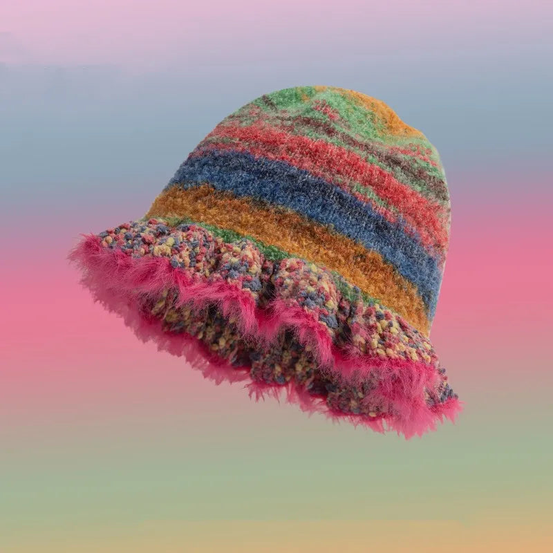 Colorful Gradient Stripe Woolen Bucket Hat