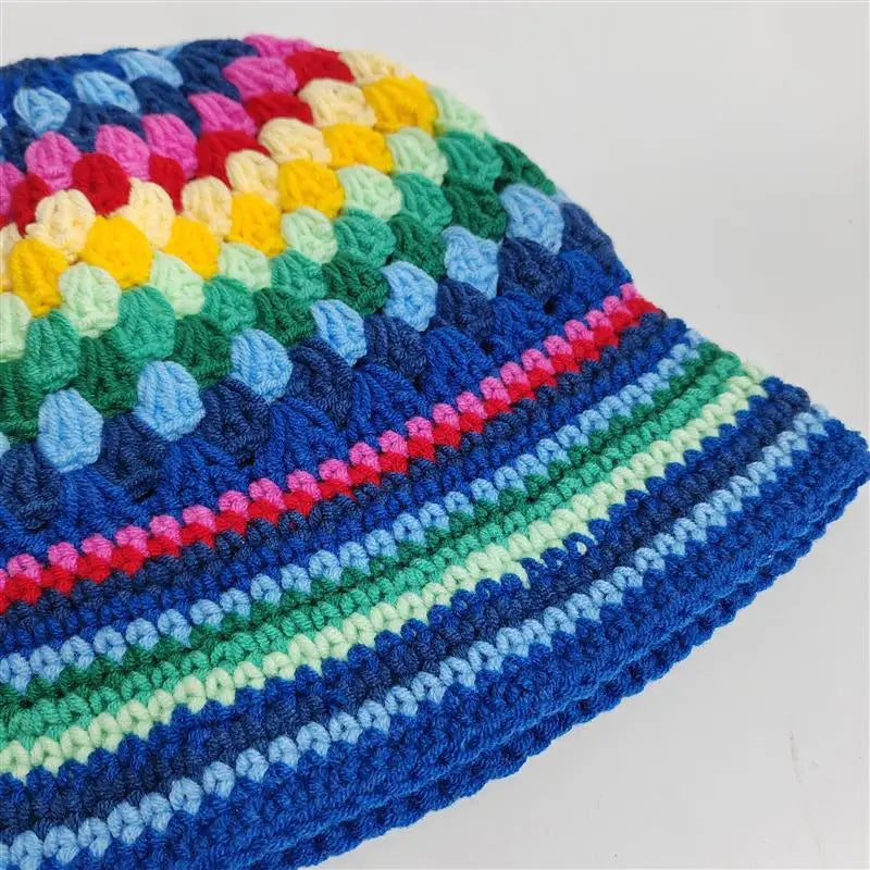Hand Crochet Striped Contrast Knit Bucket Hat