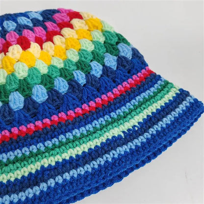 Hand Crochet Striped Contrast Knit Bucket Hat