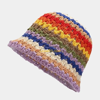 Summer Rainbow Color Crochet Sunshade Bucket Hat