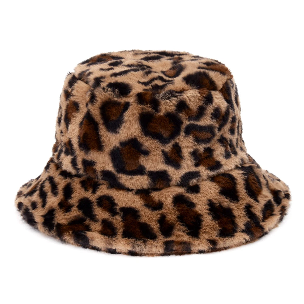 Retro Leopard Faux Fur Fluffy Bucket Hat