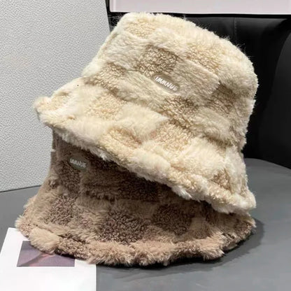 Lamb Plaid Velvet Winter Bucket Hat