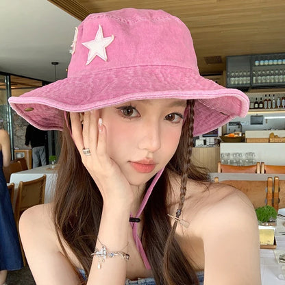 Pink Star Print Retro Korean Denim Bucket Hat