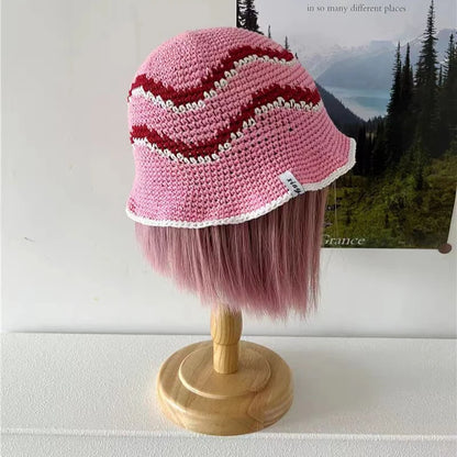 Japanese Korean Striped Colorblock Knitted Bucket Hat