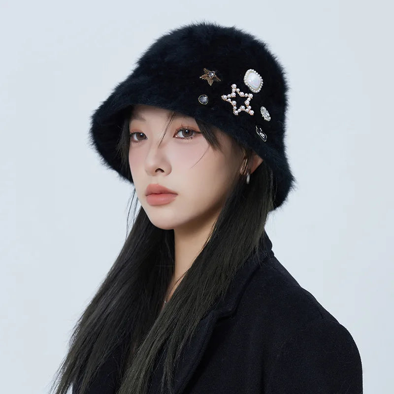 Rhinestone Sequined Rabbit Fur Knit Bucket Hat