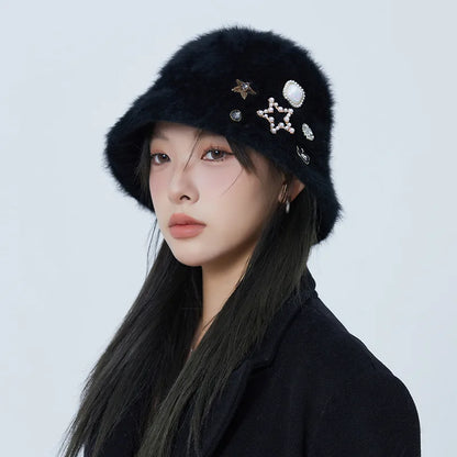 Rhinestone Sequined Rabbit Fur Knit Bucket Hat