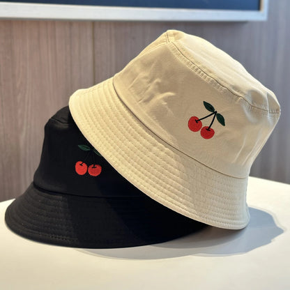 Solid Color Cherry Embroidered Cotton Bucket Hat