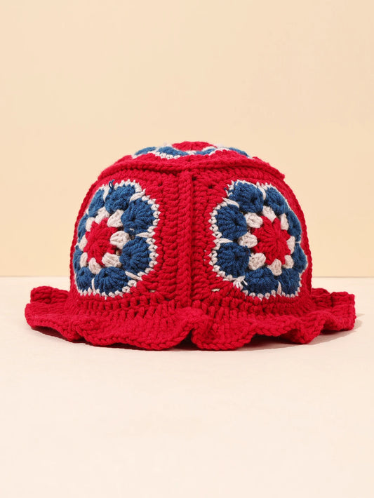 Vintage Red Crochet Floral Winter Bucket Hat