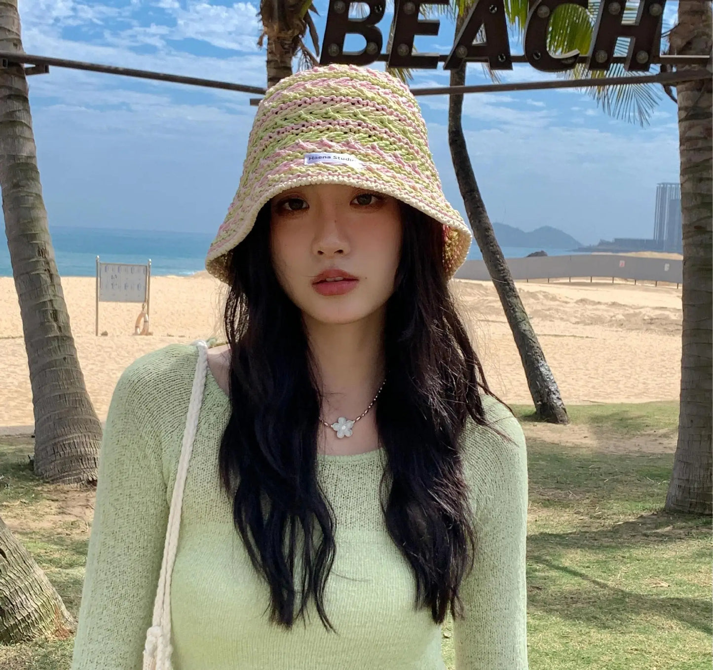 Womens Korean Knitted Stripe Hollow Bucket Hat