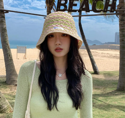 Womens Korean Knitted Stripe Hollow Bucket Hat