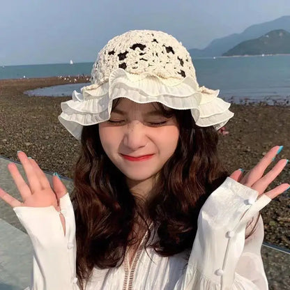 Lace Knitted Hollow Large Brim Korean Bucket Hat