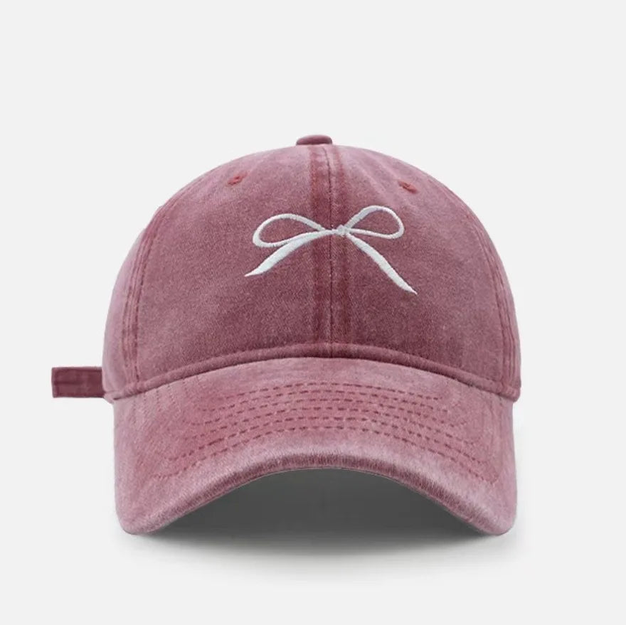 Women Bow Embroidered Washed Baseball Cap