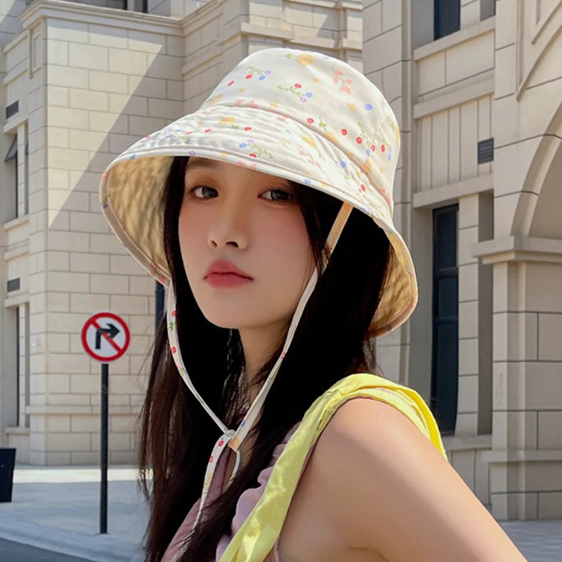 Floral Print Lace Up Cotton Summer Bucket Hat