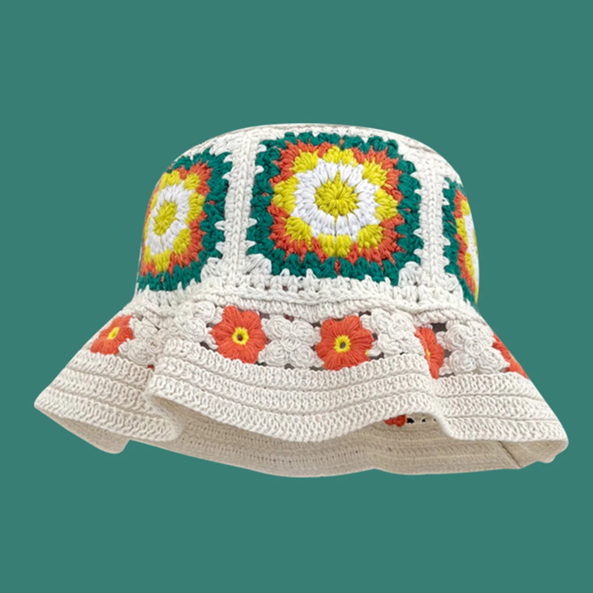 Colorful Handmade Flower Plush Knitted Bucket Hat